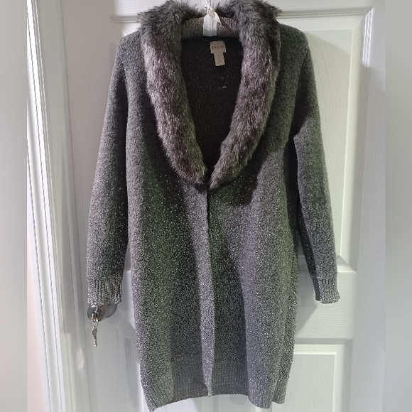 Chico's Sweaters - Chico's Silver/grey Faux Fur Collar Cardigan